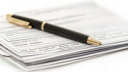 A pen is on top of a stack of papers