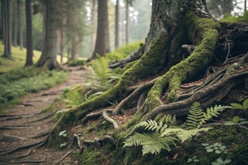 Twisted tree roots overgrown with moss and ferns, dim light, shadows, unusual illumination, foliage