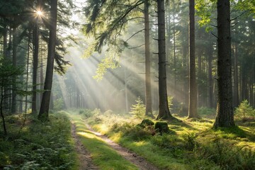 Fototapeta premium Wald landscape with sunbeams illuminating the undergrowth, forest, nature's hues, tree foliage, serene woodlands
