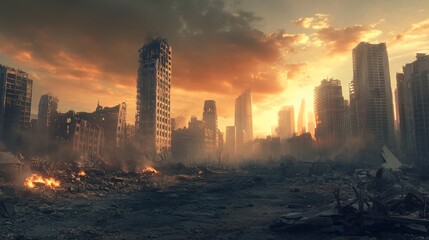 Fototapeta premium Apocalyptic Scene of a Devastated City with Fiery Sky and Ruins