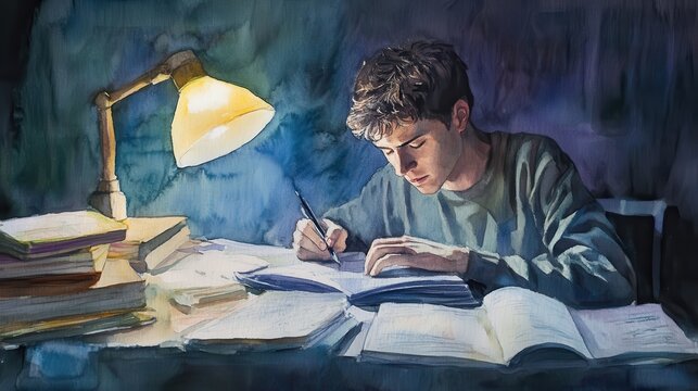 Studying late at night student at desk watercolor art dimly lit room focused viewpoint academic concept for learning success