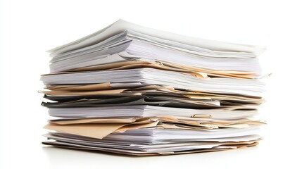 A Large Stack of Mixed Paperwork and Documents in Different Colors and Textures, Representing Organization Challenges and Administrative Tasks in the Office