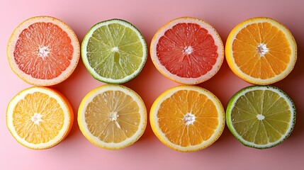 Artistic flat lay arrangement of fresh citrus slices including grapefruit, orange, lemon, and lime, styled minimally against pink background with vibrant colors.