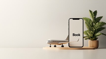 Fototapeta na wymiar Booking travel phone screen with airplane and book label minimalist setup home office clean aesthetic