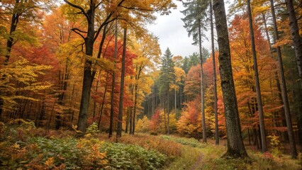Fototapeta premium Dense autumn forest with tall trees and vibrant foliage colors, scenery, terrain