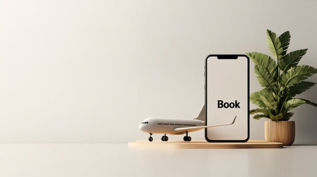 Booking travel phone screen with airplane and book label minimalist setup home office clean aesthetic