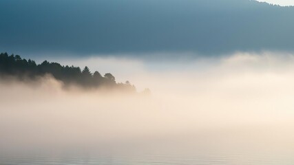 Fototapeta premium Misty veil rises from the bay's surface as dawn breaks, casting an ethereal glow over the surrounding landscape and trees, outdoors, serene landscape, foggy morning
