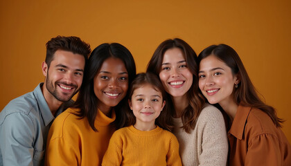 Fototapeta premium Diverse family group with smiling faces, joyful mood, unity, warm orange background