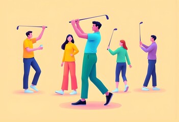 Fototapeta premium Multiple player, man in sportswear with golf clubs, applying against beige background. Contemporary art collage. Concept of sport, hobby, leisure activity. Colorful creative design. Risoprint style