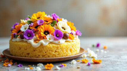 A deliciously frosted kunafa cake garnished with edible flowers on a rustic table.