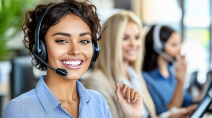 Smiling customer support representatives in office setting with headsets