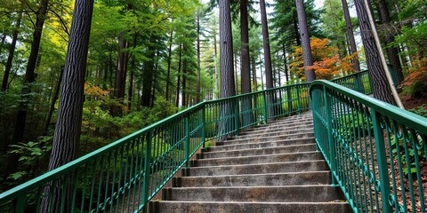 Stairs with green iron side rails winding upward into a forest landscape with tall trees and vibrant foliage, natural staircase, green railings, staircase in woods