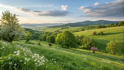 Soothing Spring Landscape with Fresh Greens, abstract, earthy tones, trees, vibrant colors, natural world