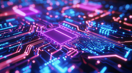 Obraz premium Close-up of an AI-powered microchip embedded in a neon circuit board, representing artificial intelligence technology, digital processing, and advanced computing systems. Ideal for