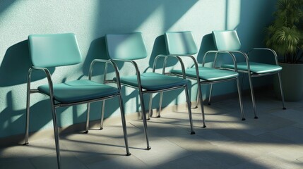 Four teal chairs in a well-lit space with a plant, suggesting a waiting area.