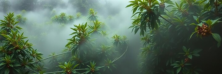 Obraz premium Dense fog wraps around lush green coffee plants on a misty morning, plants, eco-friendly