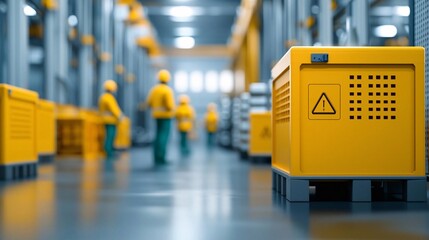 High-tech warehouse with yellow safety containers and workers focused on efficient operations.