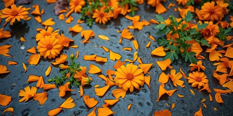Orange marigold petals scattered on the ground after a gentle rain, floral, blossom