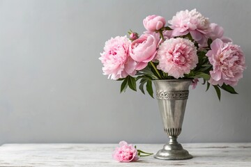 Obraz premium Pink peony blooms in a elegant silver vase against a soft gray background, modern design, elegant decoration, pink peonies, geometric pattern, monochromatic color scheme