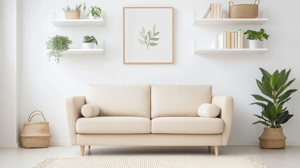 Obraz premium A cozy and modern living room featuring beige sofa with round cushions, complemented by green plants and minimalist decor on white shelves. serene atmosphere invites relaxation and comfort
