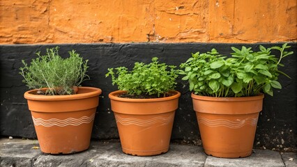 Set of three terracotta pots filled with different types of herbs placed on a rustic orange and black wall, kitchen decor, botanical, potted