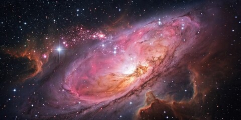 Obraz premium A majestic nebula takes center stage against a backdrop of stars and galaxies in shades of pink and orange, vibrant colors, starry heavens