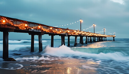 Beach pier adorned with early Christmas lights, waves crashing gently