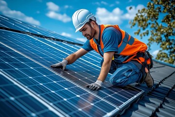 Technician Installing Solar Panels on a Bright Sunny Day. Concept renewable electricity