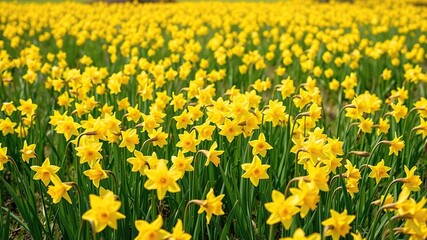 Obraz premium A sea of bright yellow daffodils stretches across a sun-kissed springtime meadow, swaying gently in the breeze, wildflowers, sunny