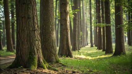Close-up of tree trunks in a shaded forest, forest plants, forest trees, deciduous trees, tree bark