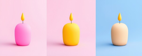 A trio of colorful candles displayed against pastel backgrounds, featuring pink, yellow, and cream hues.