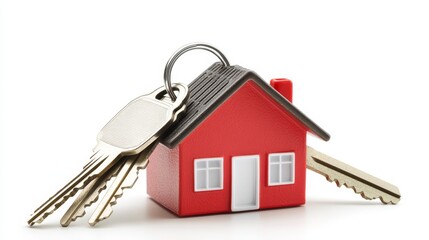 Miniature red house model with house keys on a white background, emphasizing home ownership, real estate, and property management themes for stock photography use
