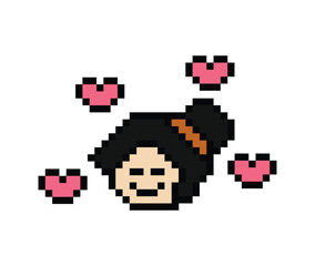 Obraz premium Cute pixel cartoon 8bit character woman lady feel love happy happiness heart emotion lifestyle decoration life style 8 bit female girl fun happy mood game isolated PNG vector.