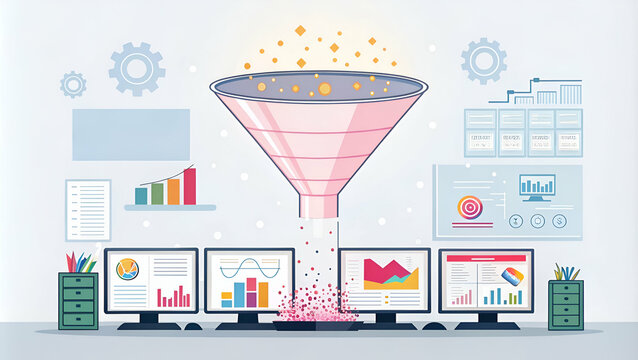 Analytics reveal trends in the dataset. statistics A digital illustration of a funnel symbolizing data analysis, with various graphs displayed on multiple screens, representing the process o
