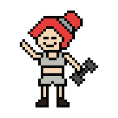 Obraz premium Cute pixel cartoon 8bit character woman weight training with dumbbell lifestyle lifting gym decoration life style 8 bit female lady girl weight fitness isolated PNG vector.