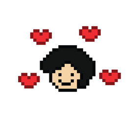 Obraz premium Cute pixel cartoon 8bit character man feel love happy happiness heart emotion lifestyle decoration life style 8 bit male boy happy mood game isolated PNG vector.