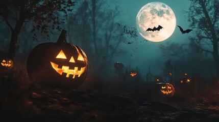 Fototapeta premium Spooky Halloween Night with Glowing Jack-o'-Lanterns, Full Moon, and Bats in Haunted Forest