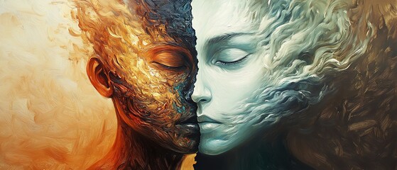 An eye-level perspective of a persons head split in half, one side showing chaos and pain, the other calmness and relief, depicted in a surrealistic oil painting