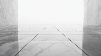 Obraz premium Empty white marble hallway with a bright light at the end.