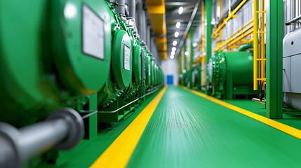 Obraz premium A close-up view of industrial machinery in a modern facility with green accents and yellow lines.