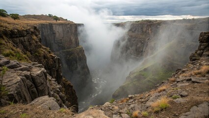 Fototapeta premium Deep chasm with mist-shrouded depths and rugged rocky edges, foggy, dark, depth