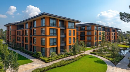 Obraz premium Modern apartment complex with landscaped gardens and pathways.