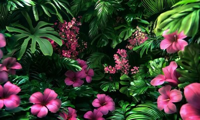 Garden of exotic flowers in the style of graphic design, vivid magenta and emerald green hues, animated blooms, flattened perspective, inspired by Chad Knight.