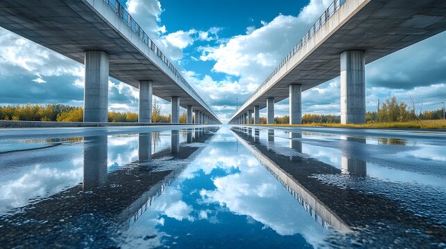 Dramatic perspective of elevated highway bridge features wet reflective road surface and concrete pillars against blue sky, capturing modern urban infrastructure.