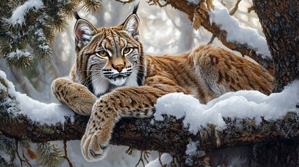 Obraz premium A majestic lynx poses on a snow-covered branch, showcasing its striking features and fur in a serene winter forest setting, embodying grace and wilderness