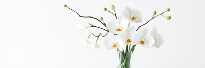 White orchid arrangement in a glass vase with clean edges and symmetrical layers, minimalist decor, white orchid