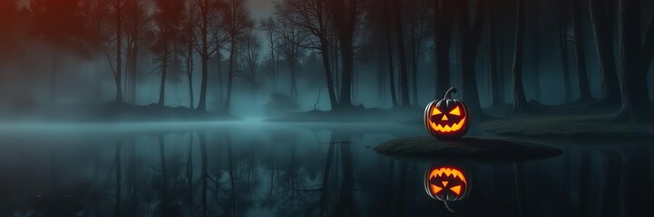 A jack o lantern's glowing face is reflected in a still pond surrounded by tall trees and misty fog on a dark and stormy night, fog, eerie, countryside