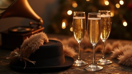 1920s New Year's Eve Party Setting with Champagne and Vintage Attire
