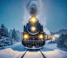 generative ai illustration image of a steam train crossing a track covered in snow
