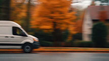Fototapeta premium A white van drives past vibrant autumn foliage, capturing a dynamic moment of fall colors against a blurred suburban backdrop.